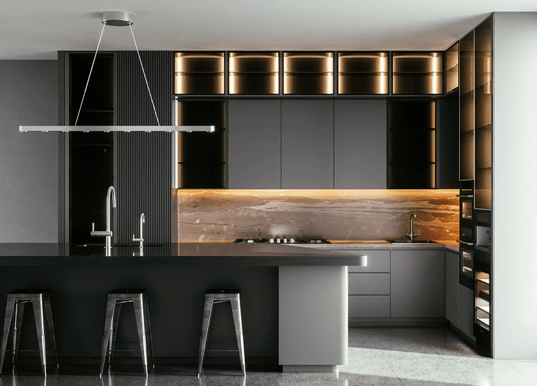 Modern kitchen with sleek dark cabinetry